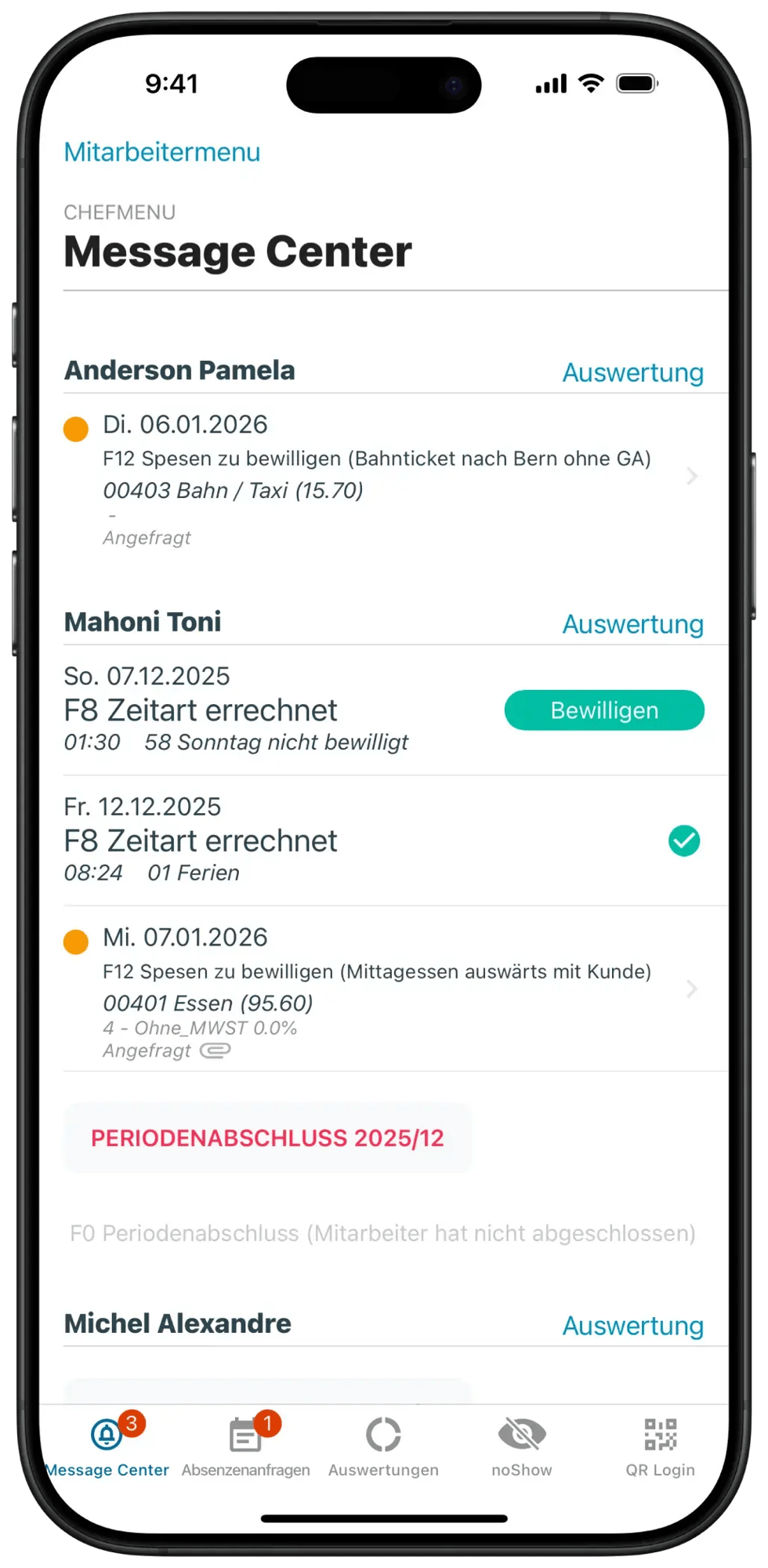 App-Screen mit dem Message Center, das wichtige Nachrichten und Aufgaben anzeigt