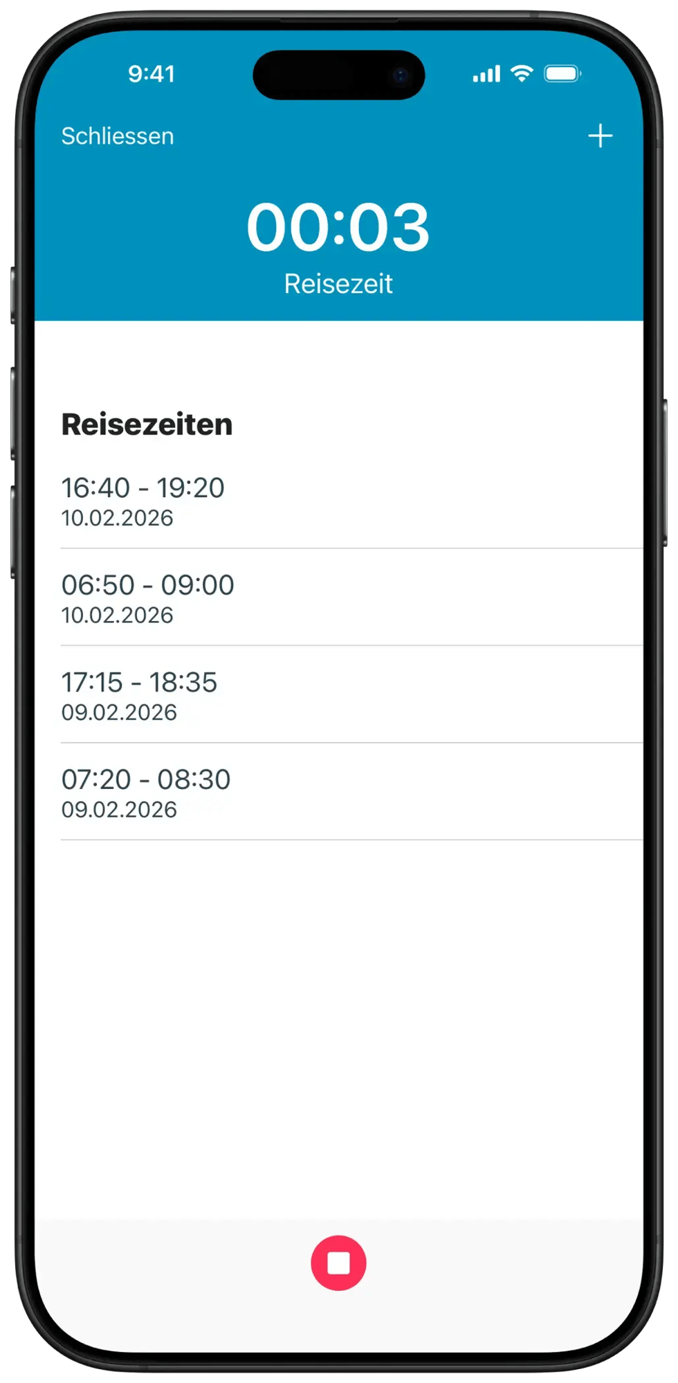 App-Screen für die Erfassung von Reisezeiten direkt unterwegs