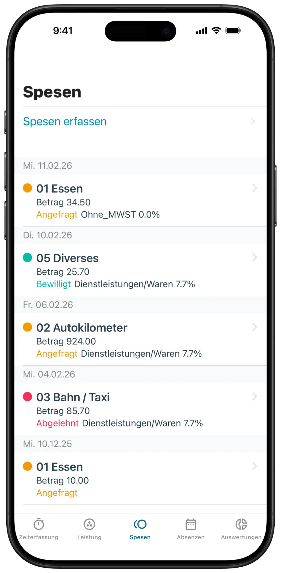 App-Screen für die papierlose und einfache Spesenerfassung