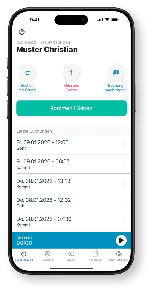 Bildschirm der pipoApp mit Zeiterfassung für mobile Geräte