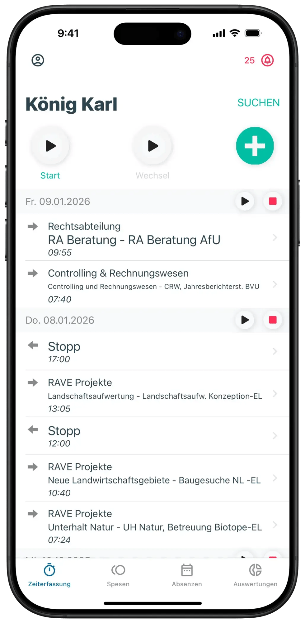 App-Bildschirm mit rapportierten Zeiten einzelner Projekte im Projektmanagement