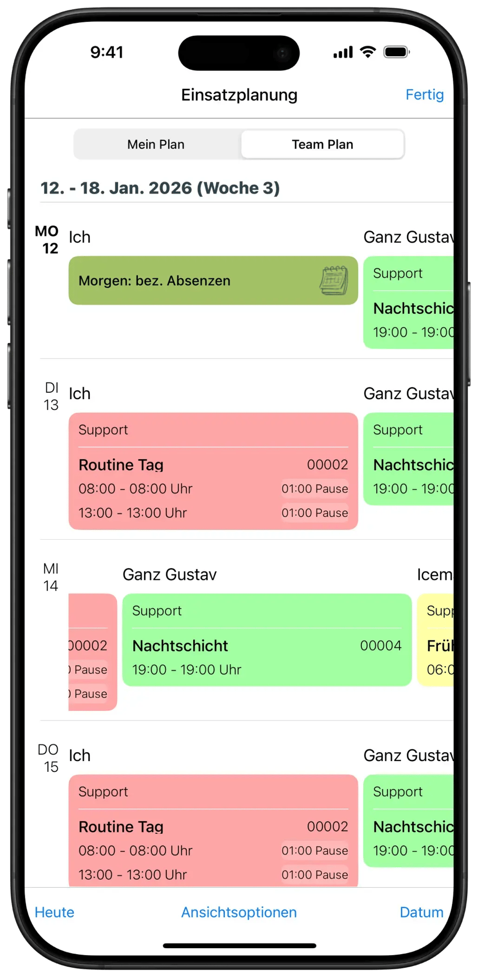 App-Bildschirm zeigt Personaleinsatzplanung mit Schichten und Mitarbeitenden
