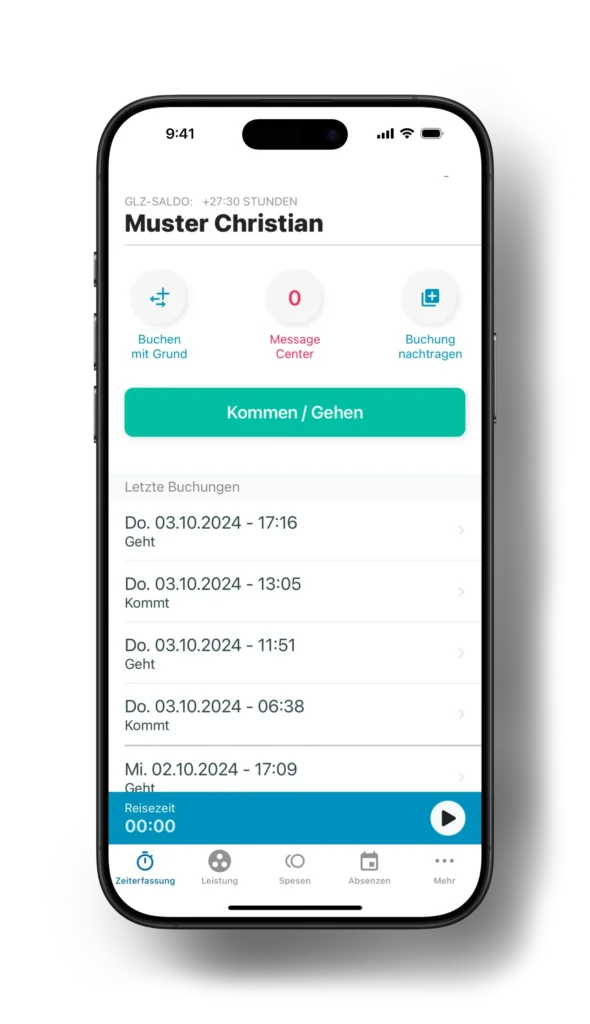 Bildschirm der pipoApp mit Zeiterfassung für mobile Geräte.